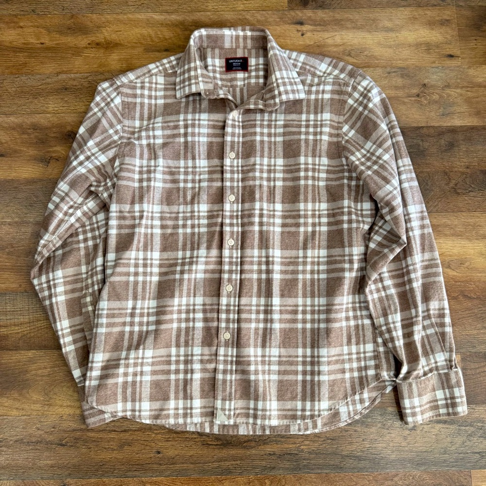 Untuckit Shirt Men’s Medium Tan White Plaid Flannel Button Up